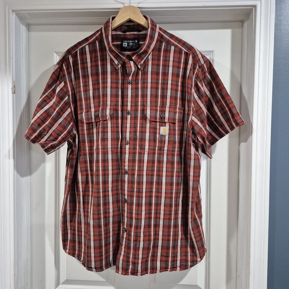 Carhartt Shirt‎ Mens XXL 2XL Red Plaid Button Up Work Short Sleeve Loose Fit